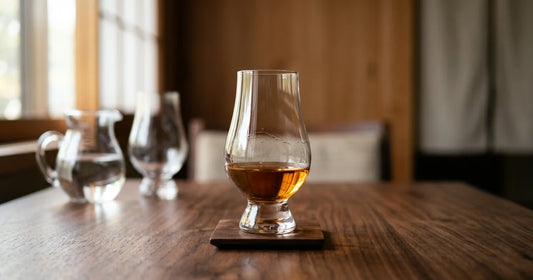 Japanischer Whisky im Verkostungsglas mit Wasserkrug auf dunklem Holztisch